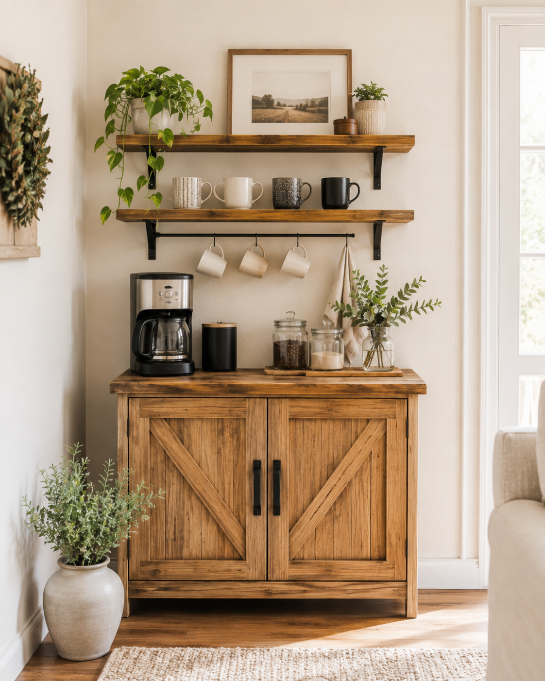 Cozy farmhouse coffee bar idea