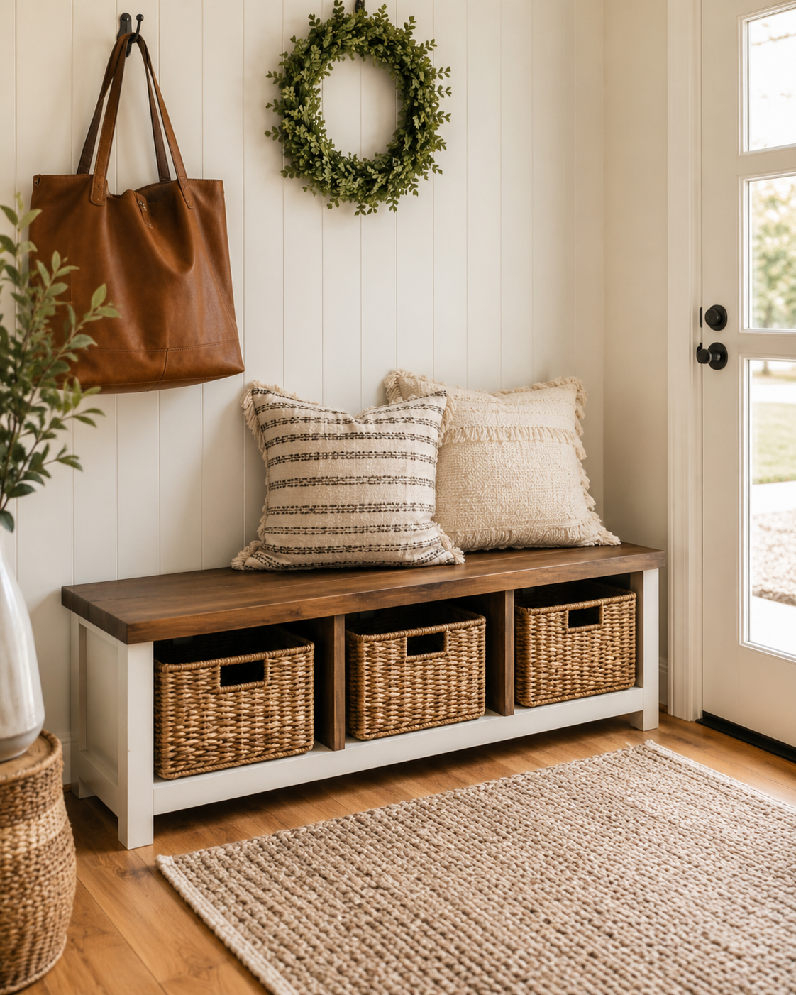 Entryway bench and mudroom storage idea